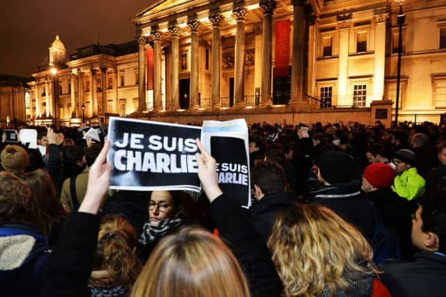 A vigil in Trafalgar Square, London, after three gunmen carried out a deadly terror attack on French satirical magazine Charlie Hebdo in Paris, killing 12 people.