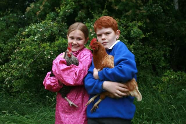 Pupils at Shelley First School, near Huddersfield, with some of the hens that are allowed to roam around the school grounds.
