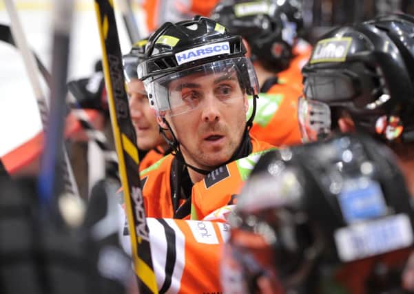 OPENER: Sheffield Steelers' Jeff Legue scored first for the visitors in Dundee on Thursday night. Picture: Dean Woolley.
