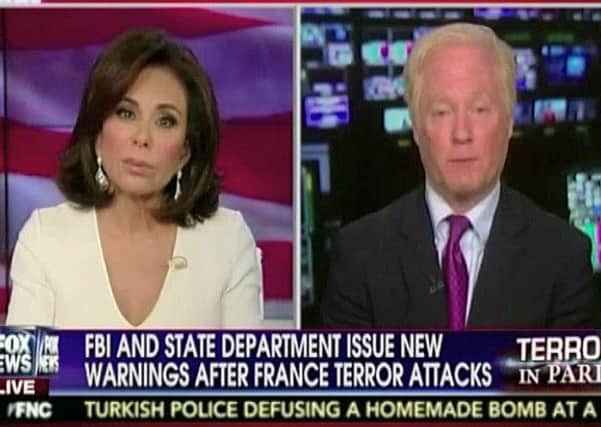 Video grab taken from Fox News of Fox News host Jeanine Pirro with news commentator Steven Emerson, who has been forced to apologise after claiming Britain's second city was a "no-go" zone for non-Muslims, live on air.