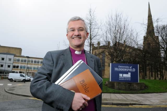 The Rt Rev Dr Jonathan Gibbs, the first Bishop of Huddersfield, arrives at his new office at the University of Huddersfield.