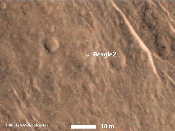 The Beagle 2 probe, which disappeared as it approached Mars in search of alien life, on the Red Planet's surface.