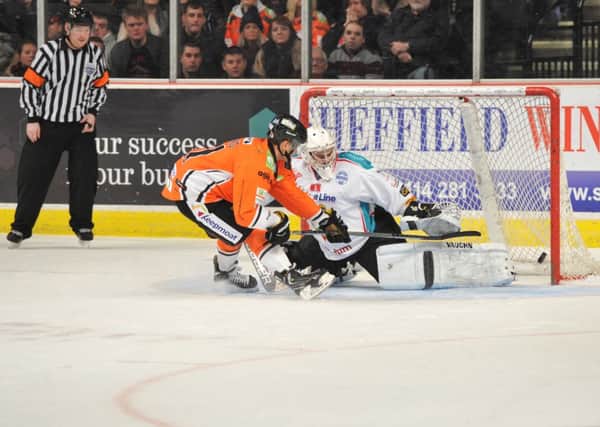 HIT AND MISS: Sheffield Steelers' Tyler Mosienko, scored to tied the game in Dundee, but couldn't find the net in two shoot-out attempts, including this one against Belfast Giants on Saturday night. Picture: Dean Woolley.