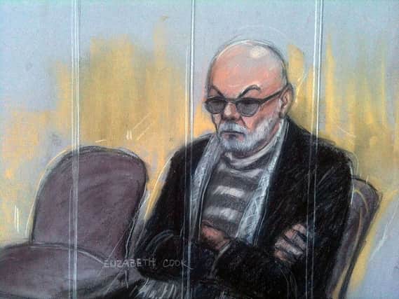 Court sketch by Elizabeth Cook of Gary Glitter appearing at Southwark Crown Court