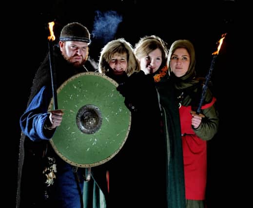 The Jorvik Viking Centre along with the York Blind & Partially Sighted Society are staging a fire walk on the 17 February in Coppergate part of the Jorvik Viking Festival. Pictured (left to right) Viking Warrior Nathan Wade (Ragnar), Diane Roworth, Chief Officer of York Blind & Partially Sighted Society, along with two Viking Women Erin Pockley, (Arnleif) and Charlotte Hoque, (Dalla).