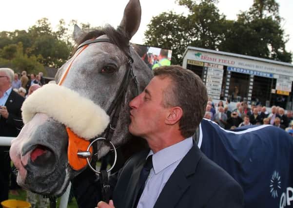 Trainer Kevin Ryan kisses The Grey Gatsby after winning Irish Champion Stakes at Leopardstown (Picture: Niall Carson/PA).