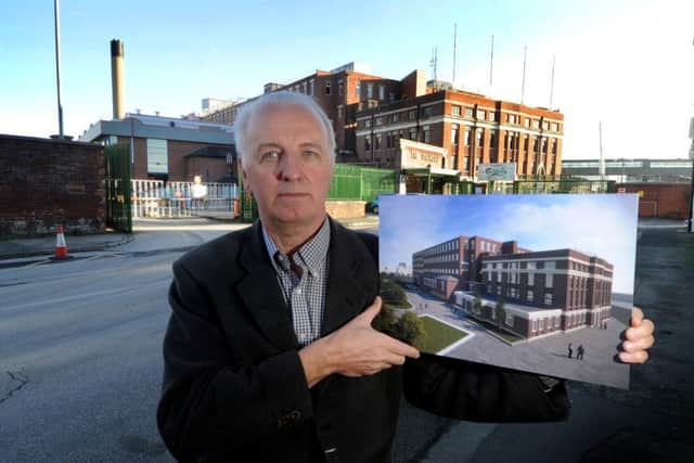 Peter Connolly, with an artist impression of the Tetley Brewery site.