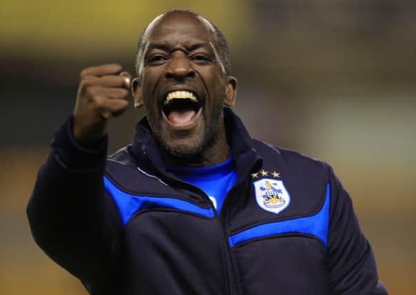 Manager Chris Powell celebrates victory at Wolves on October 1, Huddersfield Towns last away league win (Picture: Nick Potts/PA).