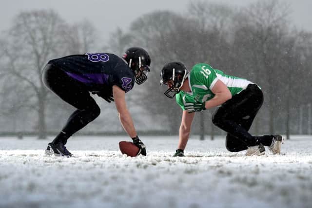 Leeds Univeristy and Leeds Beckett University are competing in the 11th year of the Varsity Trophy Competition with one of the activities being American Football. Pictured Connor Bibby, 22, captain of the Leeds Carnegie American Football Team going head to head with Ben Smith, 20, captain from the Leeds University American Football Team in preparation for their match on Sunday Febraury 1.