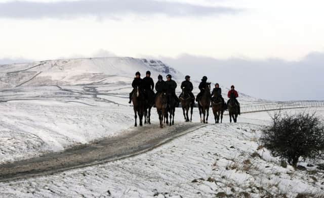 Racehorses make their way back from the gallops at Middleham across snow covered Dales. Picture: John Giles