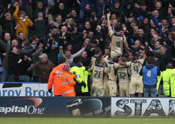 Leeds United's Billy Sharp celebrates scoring his side's second goal.