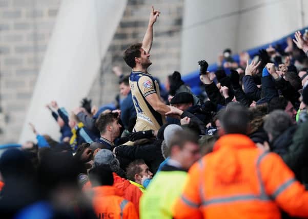 Leeds United's Billy Sharp celebrates his winner in the Leeds fans. (
Picture: Jonathan Gawthorpe).