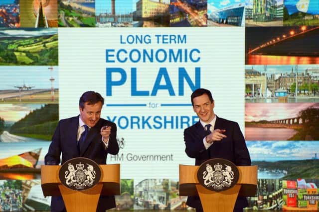George Osborne and David Cameron speak to business leaders at the AQL centre in Leeds.