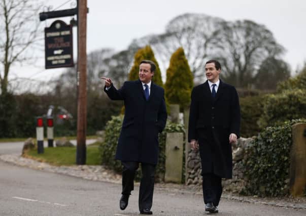 George Osborne and David Cameron visit the set of Emmerdale on the Harewood Estate near Leeds.