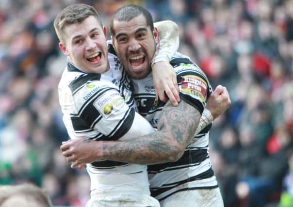 Hull FC's Jamie Shaul and Fetuli Talanoa celebrate after their second try. against Huddersfield Giants. (Picture: Gordon Clayton).