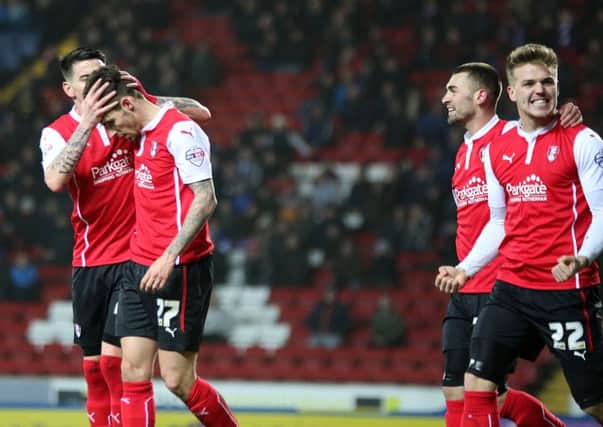 Rotherham United's scorer Matt Derbyshire, second left, is congratulated by Adam Hammill, Jack Hunt and Danny Ward (Picture: Paul Wickson).