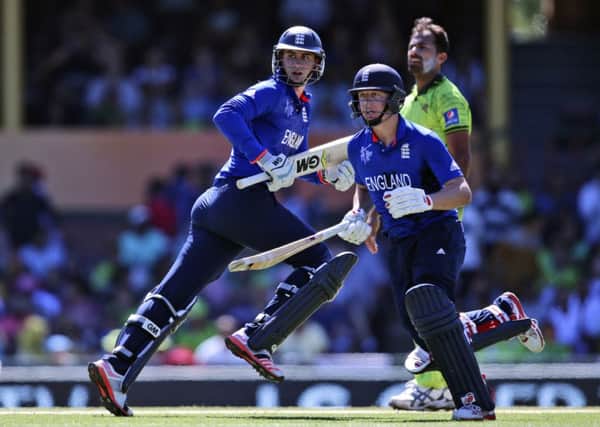 IN THE RUNNING: Englands Alex Hales, left, and Yorkshires Gary Ballance run between the wicket during their World Cup warm-up match against Pakistan in Sydney. Picture: AP Photo