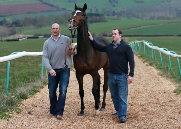 Part owners Mike Tindall (left) and James Simpson-Daniel with Monbeg Dude. (Picture: David Davies/PA Wire)