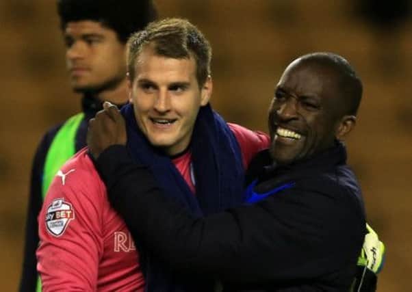 Huddersfield Town manager Chris Powell with goalkeeper Alex Smithies.