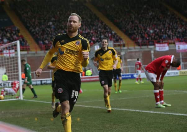 Matt Done is jubilant after scoring Sheffield United's second goal against Bristol City (Piicture: Martyn Harrison).