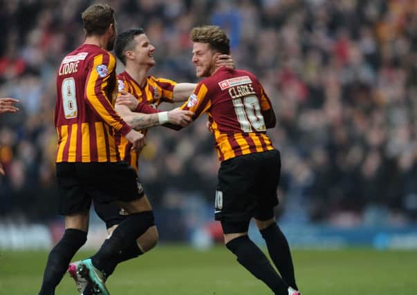 Bradford celebrate the opening goal at Valley Parade.