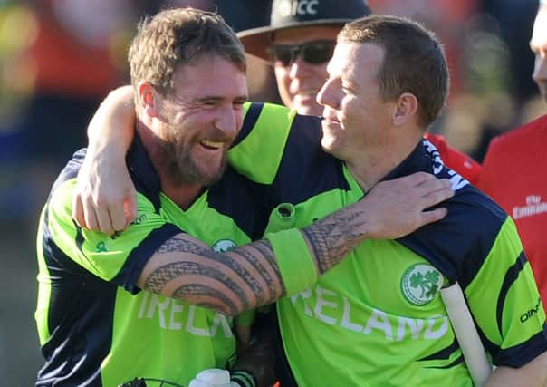 Ireland's John Mooney, left, and Niall O'Brien, celebrate their team's win over West Indies.