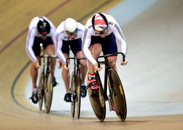 Great Britain's Philip Hindes (right), Jason Kenny (centre) and Callum Skinner (left) finished eighth in the Men's Team Sprint.