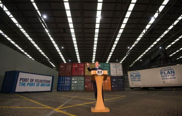 David Cameron delivering a speech to workers at the Port of Felixstowe in Suffolk