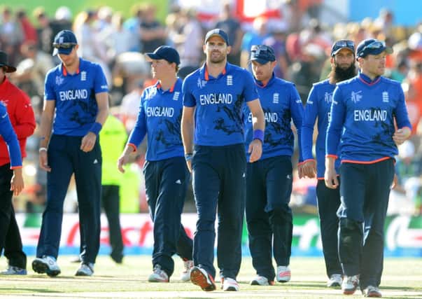 England's players leave the field after beating Scotland by 119 runs.