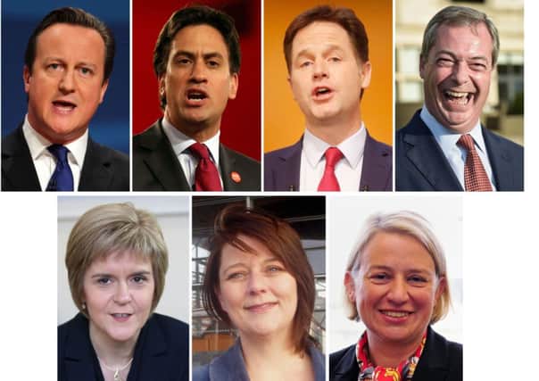 David Cameron, Ed Miliband, Nick Clegg, Nigel Farage, Nicola Sturgeon, Plaid Cymru leader Leanne Wood and Green Party leader Natalie Bennett