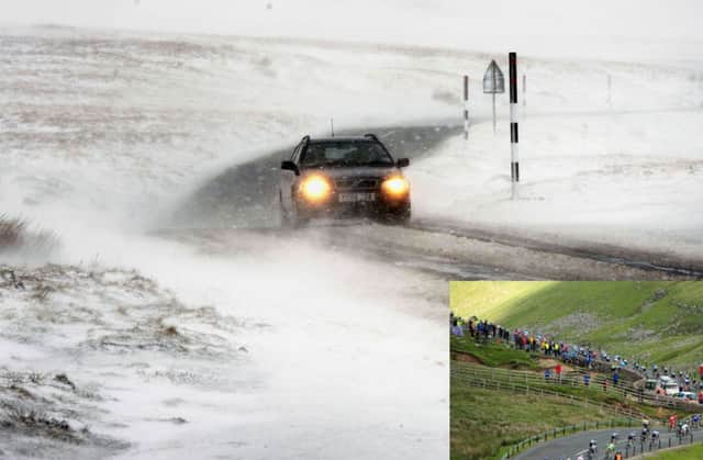 Buttertubs Pass near Hawes in North Yorkshire, after the weekend snowfall, and, inset, during last summer's Tour de France. Pictures: John Giles and Tony Johnson.