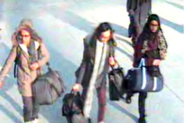 The three 15-year-old girls who sparked fears of radicalisation, pictured at Gatwick Airport, before they caught a flight to Turkey last month