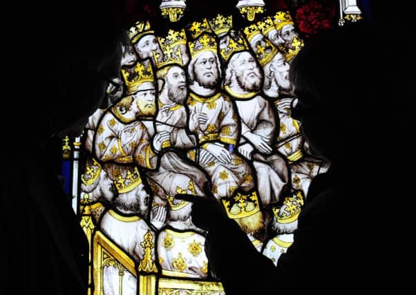 One of the newly restored stained glass panels entitled 'The Elders Worship God' which is on display to the public inside the Orb Gallery, York Minster.