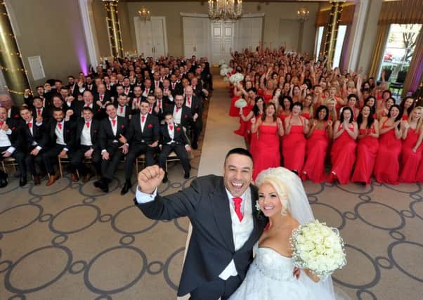 A world record wedding has taken place at Rudding Park Hotel in Harrogate North Yorkshire. Amy Ewing and Alex Simmonds smashed the previous Guiness World record for Bridesmaids and Ushers by having a massive 136 Bridesmaids and 97 Ushers. SEE COPY RPY WEDDING. Pictured:

Paul Macnamara/rossparry.co.uk
