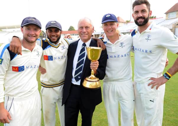 Yorkshire chairman Colin Graves, centre, with (from left), Adam Lyth, Adil Rashid, Gary Ballance and Liam Plunkett. Picture: Jonathan Gawthorpe.