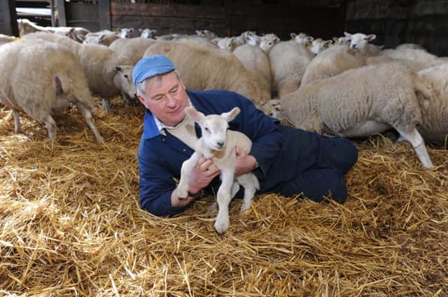 Brian Colwill with a new-born lamb at Whitegate Farm.