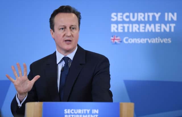 David Cameron setting out the Conservative Party's manifesto theme at the Saga offices in Hastings, Kent.