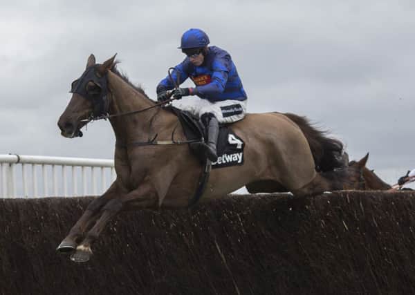NATIONAL PROSPECT: Soll, ridden by Conor O Farrell, clears the last before going on to win the Greatwood Veterans Handicap Chase at Newbury. Picture: Julian Herbert/PA.