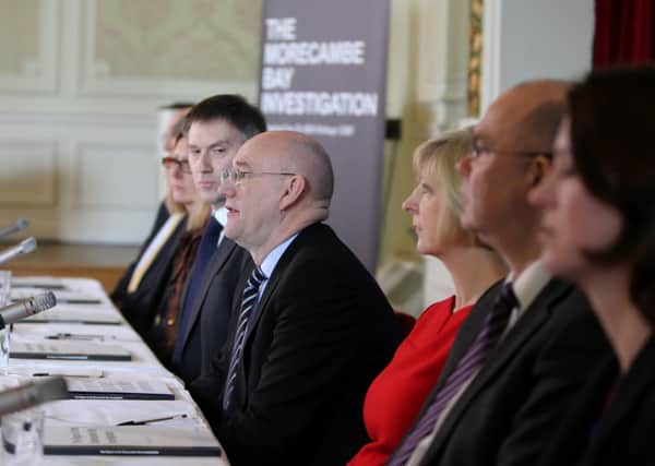 Dr Bill  Kirkup (4th right) Chair of the Morecambe Bay Investigation gives his findings into the investigations at a press conference at the Cumbria Grand Hotel