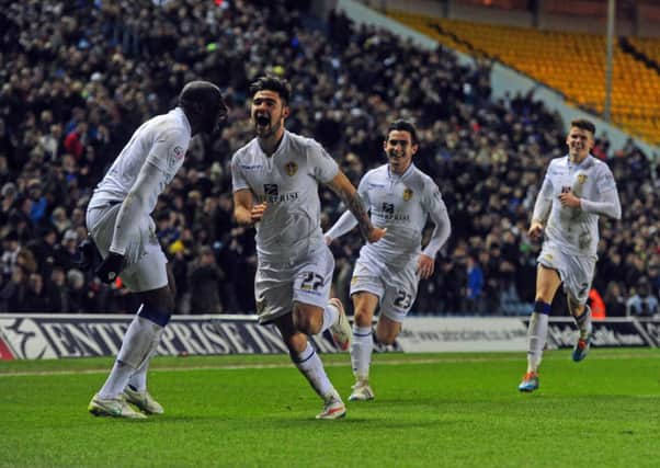 ON THE UP: Leeds United's Alex Mowatt celebrates his goal against Ipswich Town. Picture by Tony Johnson.