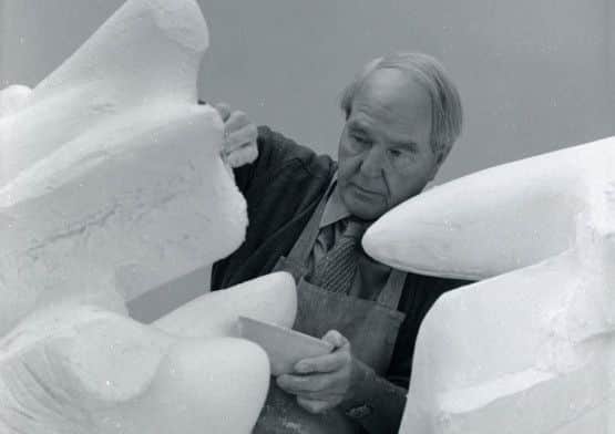 Henry Moore working on the plaster for Two Piece Reclining Figure: Points, 1969, Perry Green. Photo Errol Jackson; The Henry Moore Foundation archive. Reproduced by permission of The Henry Moore Foundation