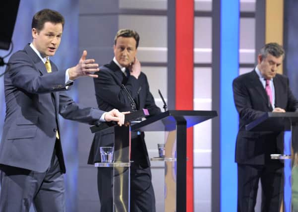 Liberal Democrat Party leader Nick Clegg, Conservative Party leader David Cameron and then Prime Minister Gordon Brown during a 2010 live Election Debate