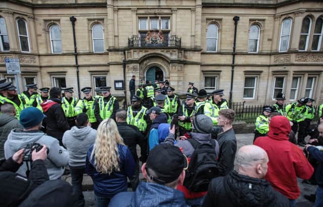 An English Defence League protest a Calerdale magistrates' court as 25 Asian men appeared on charges of Historic child sex charges. Pictures: Ross Parry Agency