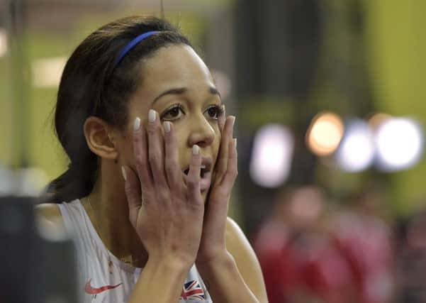 Britain's Katarina Johnson-Thompson reacts after winning the gold medal in the women's pentathlon at the European Athletics Indoor Championships in Prague. (AP Photo/Martin Meissner)