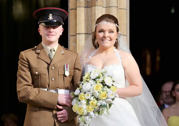 Picture:  Lorne Campbell  / Guzelian
The wedding of Rosie-Ann Stone (22) and Private Liam Fisher (22) at York Minster, York, North Yorkshire, on Saturday. Private Fisher tried to save the life of Private Gregg Stone (22), brother of the bride, who was fatally injured in Afghanistan. Picture shows them leaving the Minster.
WORDS BY MARK BRANAGAN
PICTURE TAKEN ON SATURDAY 7 MARCH 2015