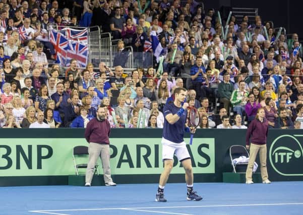 Great Britain's Andy Murray celebrates during the Davis Cup match at the Emirates Arena, Glasgow.