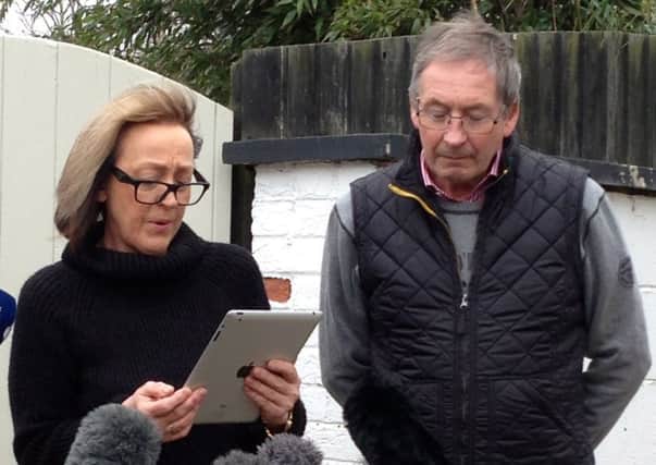 Breeders Dee Milligan-Bott and Jeremy Bott speaking outside their home after the suspected poisoning of Crufts show dog the Irish Setter Thendara Satisfaction, known as Jagger.