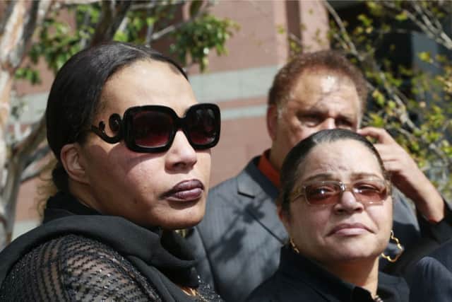 Marvin Gaye's daughter, Nona Gaye, left, and his ex-wife, Jan Gage, take questions from the media outside Los Angeles District Court