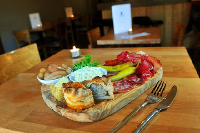 Antipasti Mezze, Antipasti cured meats, Porcus coppa, Yorkshire Chorizo, a Porcus pork pie, celeriac remoulade, manchego cheese, griddled Bakehouse sourdough bread, and pickles . Picture by Tony Johnson