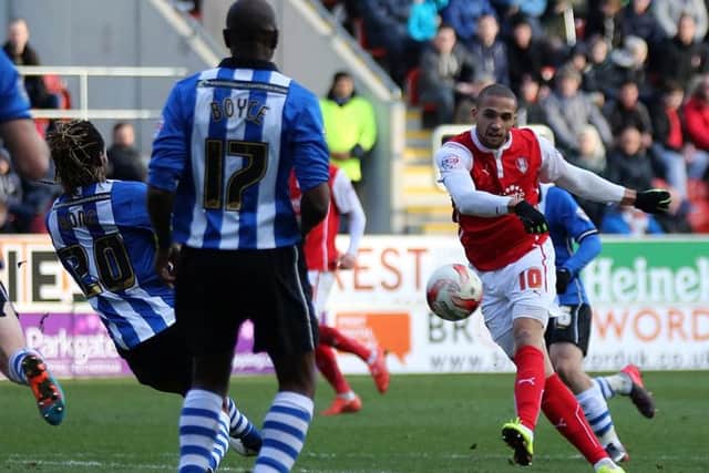 Rotherham's Jordan Bowery fires over when in a good position for the Millers